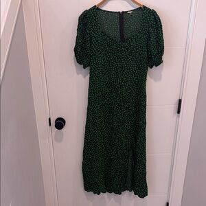 Zara Dark Green Printed Midi Dress with Puff Sleeves size medium